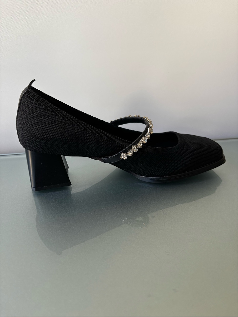 NEWBELLA Black Mary Jane Block Heel with Crystal - Picture 2 of 6